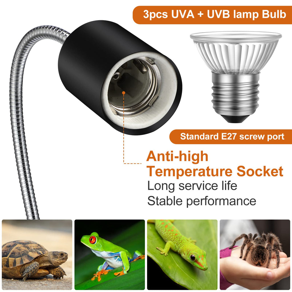 3 Set Reptile Heat Lamp UVA/UVB Turtle Heat Lamp Holder Fixture Clamp Basking Spot Adjustable 50w Full Spectrum Sun Sunbathe Bulb for Turtle Lizard Bearded Dragon Snake Aquarium Amphibian(Black)