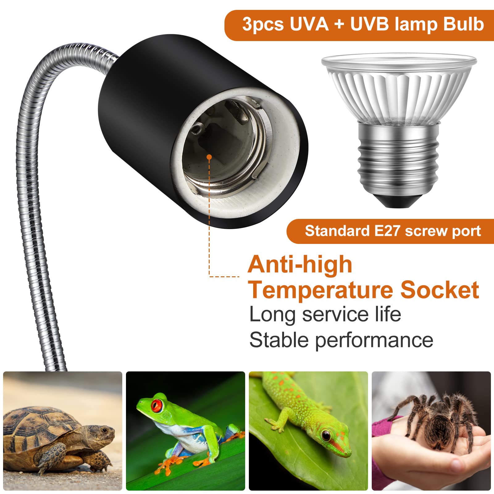 3 Set Reptile Heat Lamp UVA/UVB Turtle Heat Lamp Holder Fixture Clamp Basking Spot Adjustable 50w Full Spectrum Sun Sunbathe Bulb for Turtle Lizard Bearded Dragon Snake Aquarium Amphibian(Black)