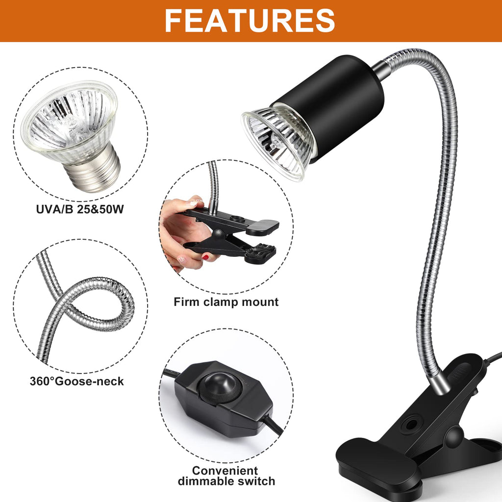 3 Set Reptile Heat Lamp UVA/UVB Turtle Heat Lamp Holder Fixture Clamp Basking Spot Adjustable 50w Full Spectrum Sun Sunbathe Bulb for Turtle Lizard Bearded Dragon Snake Aquarium Amphibian(Black)