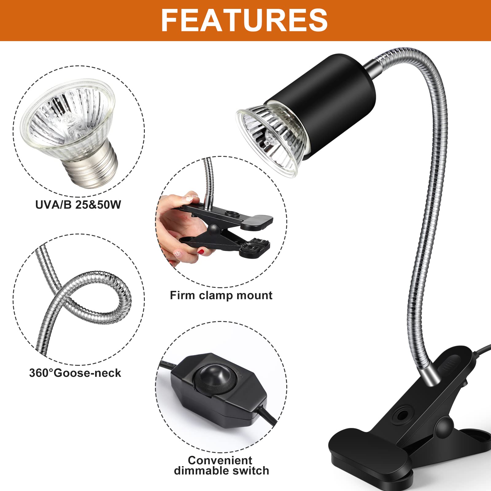 3 Set Reptile Heat Lamp UVA/UVB Turtle Heat Lamp Holder Fixture Clamp Basking Spot Adjustable 50w Full Spectrum Sun Sunbathe Bulb for Turtle Lizard Bearded Dragon Snake Aquarium Amphibian(Black)
