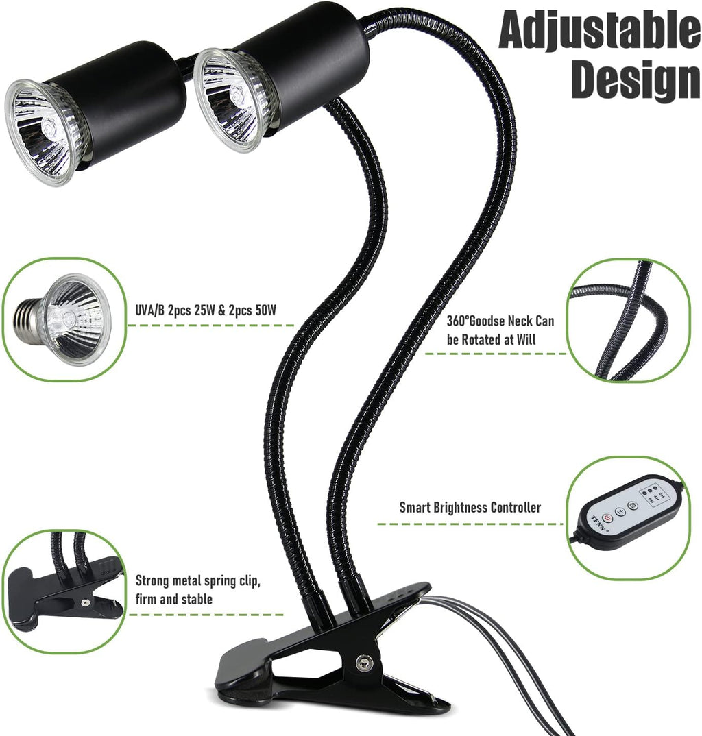 Reptile Heat Lamp, Double-Head Heat Lamp with Clamp, UVA UVB Reptile Light with Intelligent Cycle Timer for Turtle, Bearded Dragon, Lizard and More, 2 Bulbs 25W+50W