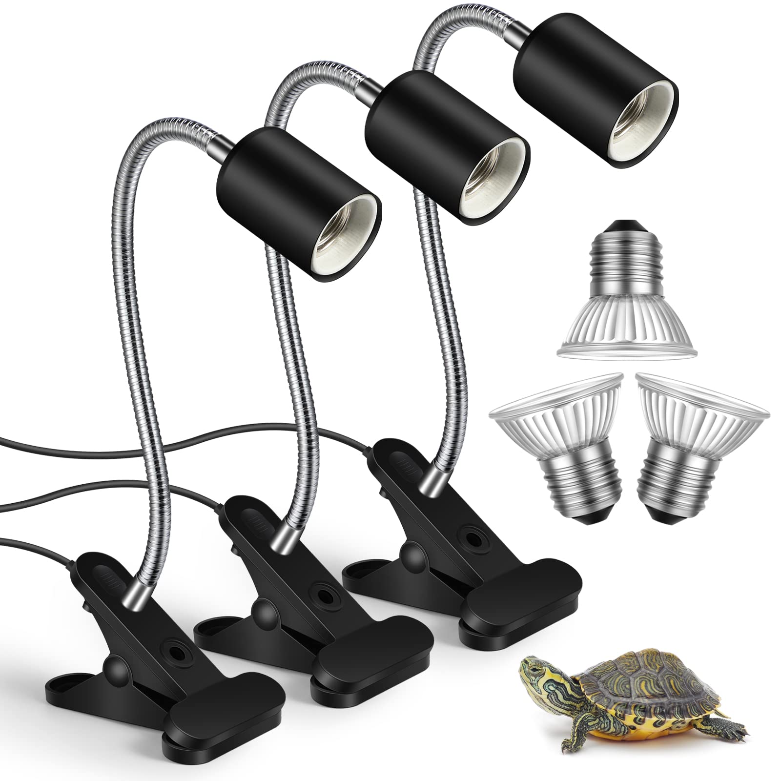 3 Set Reptile Heat Lamp UVA/UVB Turtle Heat Lamp Holder Fixture Clamp Basking Spot Adjustable 50w Full Spectrum Sun Sunbathe Bulb for Turtle Lizard Bearded Dragon Snake Aquarium Amphibian(Black)
