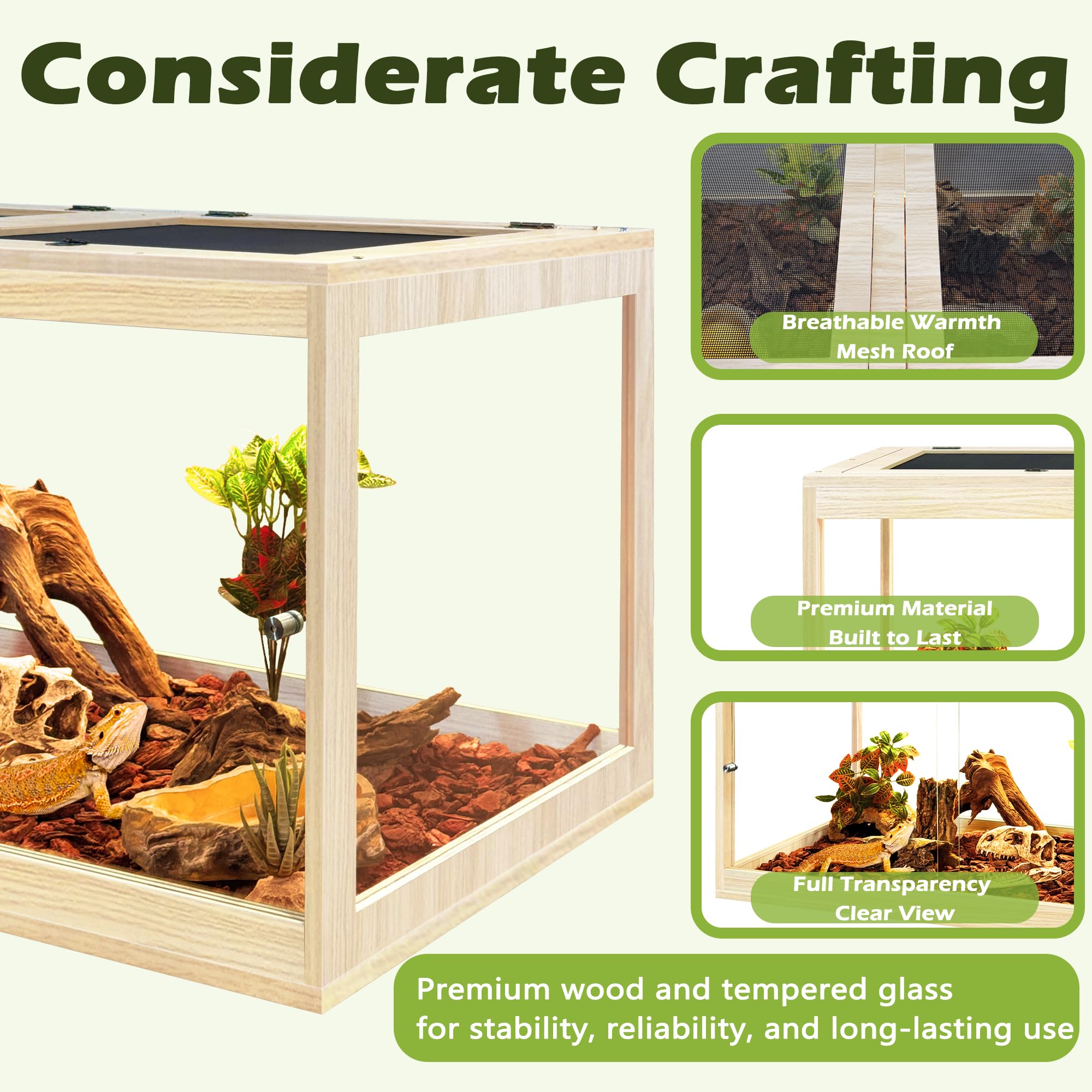 PROLEE Reptile Tank, 65 Gallon Beard Dragon Tank, Tempered Glass Reptile Encloure and Snake Tank with Locking Design for Lizard,Gecko,Chameleon (40"X19.5"X19.5",Black)