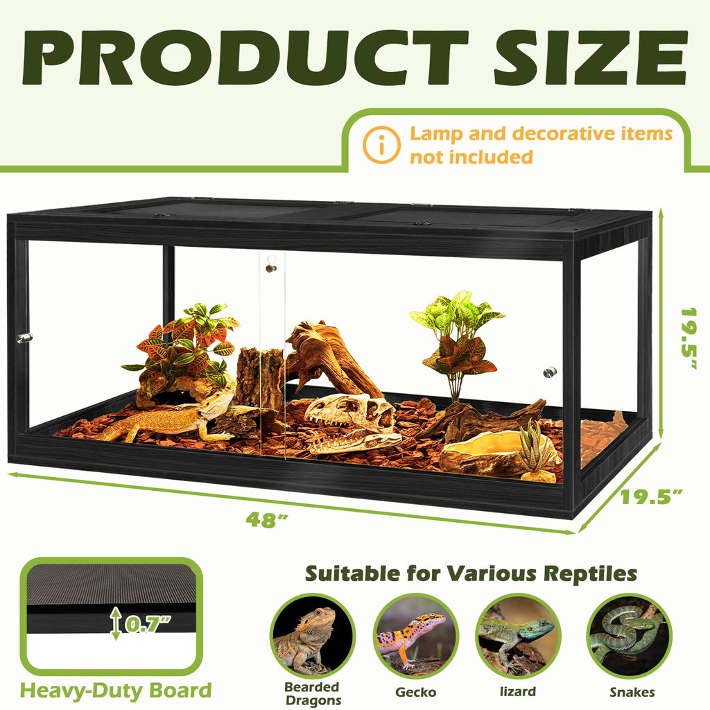 PROLEE Reptile Tank, 65 Gallon Beard Dragon Tank, Tempered Glass Reptile Encloure and Snake Tank with Locking Design for Lizard,Gecko,Chameleon (40"X19.5"X19.5",Black)
