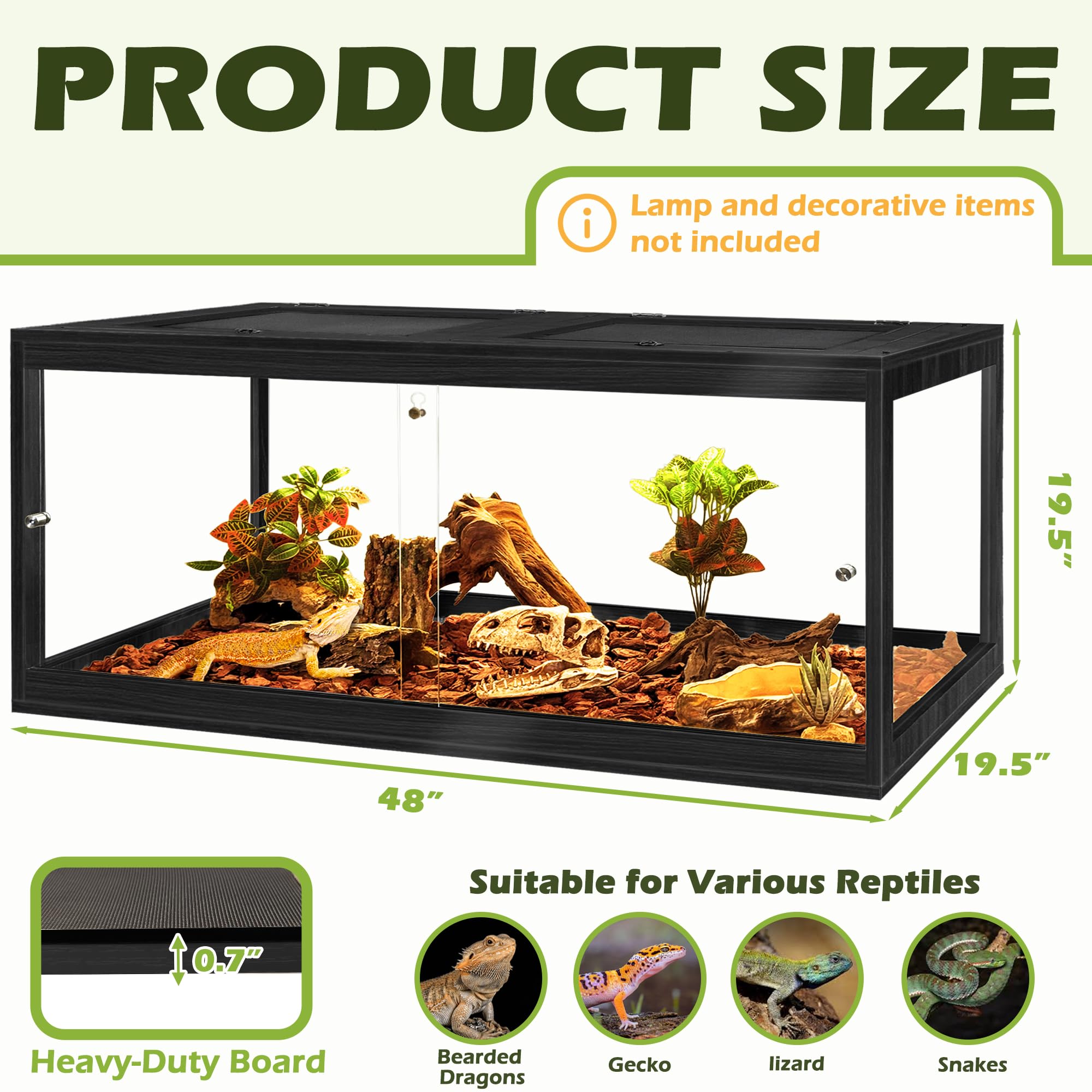 PROLEE Reptile Tank, 65 Gallon Beard Dragon Tank, Tempered Glass Reptile Encloure and Snake Tank with Locking Design for Lizard,Gecko,Chameleon (40"X19.5"X19.5",Black)