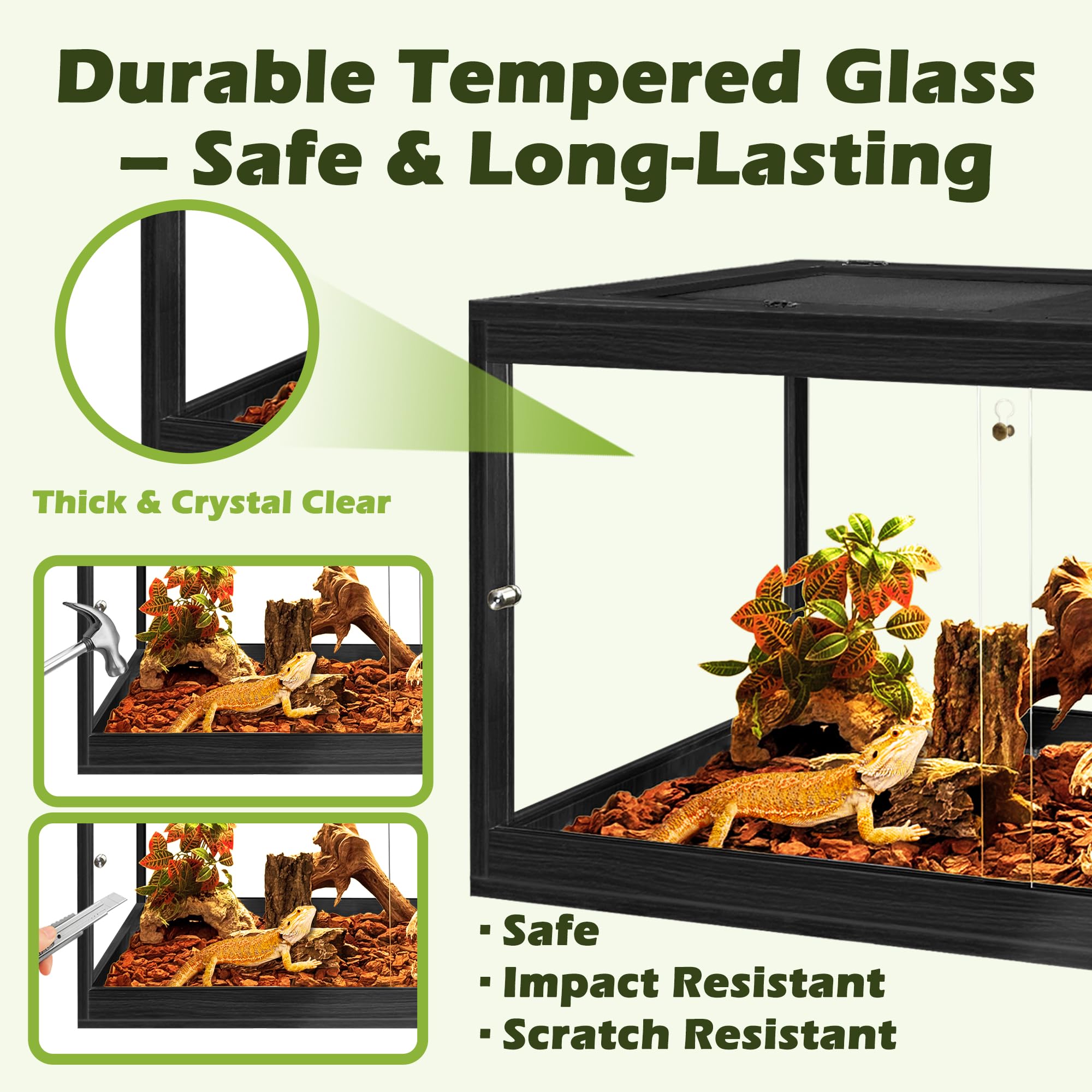 PROLEE Reptile Tank, 65 Gallon Beard Dragon Tank, Tempered Glass Reptile Encloure and Snake Tank with Locking Design for Lizard,Gecko,Chameleon (40"X19.5"X19.5",Black)