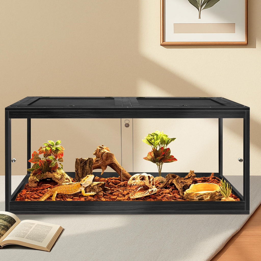 PROLEE Reptile Tank, 65 Gallon Beard Dragon Tank, Tempered Glass Reptile Encloure and Snake Tank with Locking Design for Lizard,Gecko,Chameleon (40"X19.5"X19.5",Black)