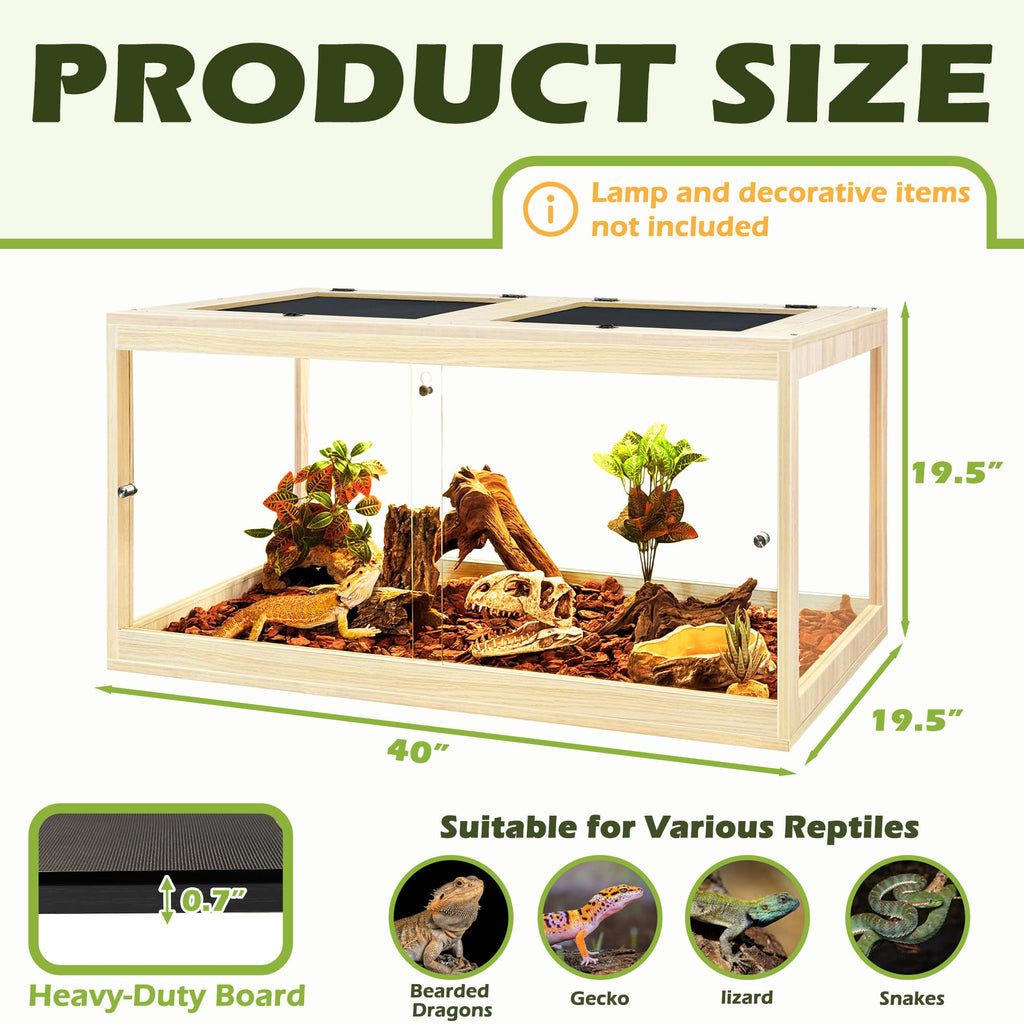 PROLEE Reptile Tank, 65 Gallon Beard Dragon Tank, Tempered Glass Reptile Encloure and Snake Tank with Locking Design for Lizard,Gecko,Chameleon (40"X19.5"X19.5",Black)