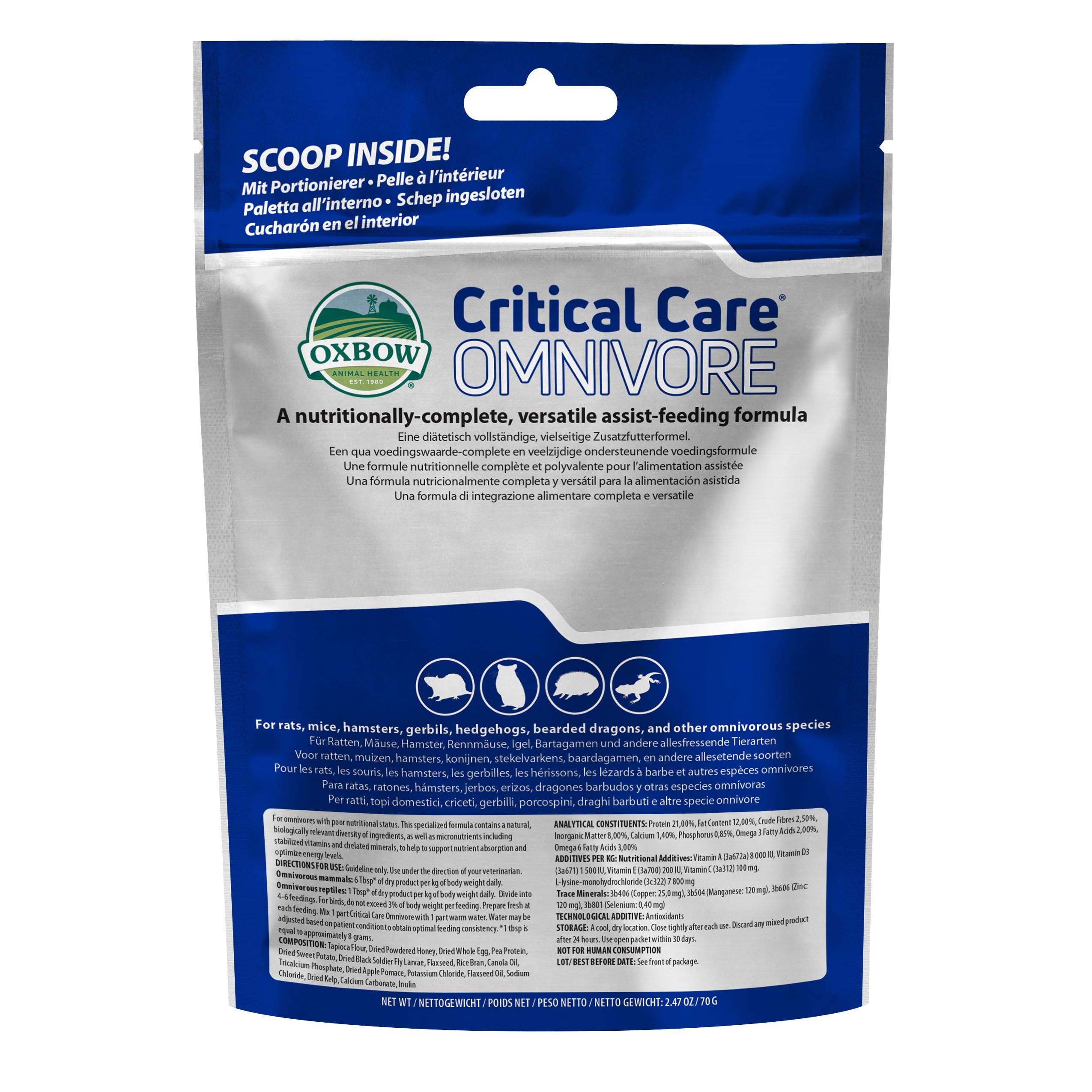 Oxbow Critical Care Omnivore, Recovery Food for Rats, Mice, Hamsters, Gerbils, Vet Formulated, High Calorie Small Animal Diet, Immune and Digestive Support, Omnivore Formula, 340g Bag