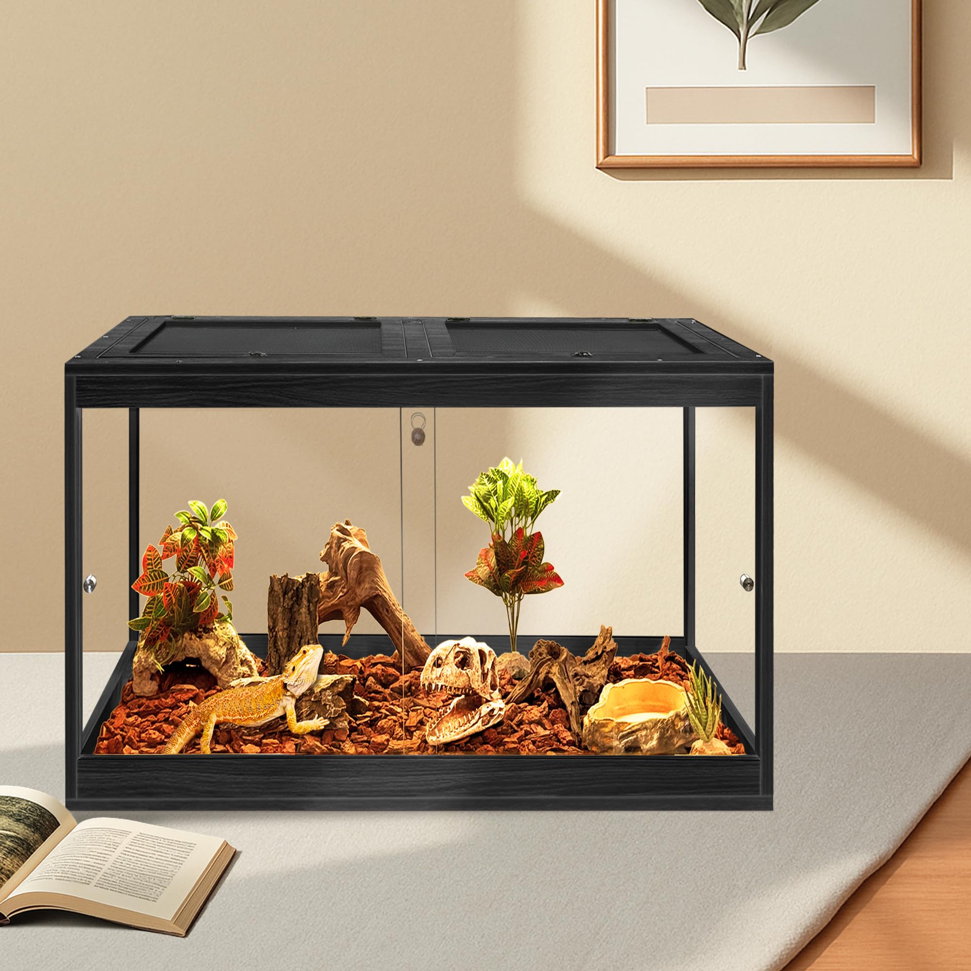 PROLEE Reptile Tank, 65 Gallon Beard Dragon Tank, Tempered Glass Reptile Encloure and Snake Tank with Locking Design for Lizard,Gecko,Chameleon (40"X19.5"X19.5",Black)