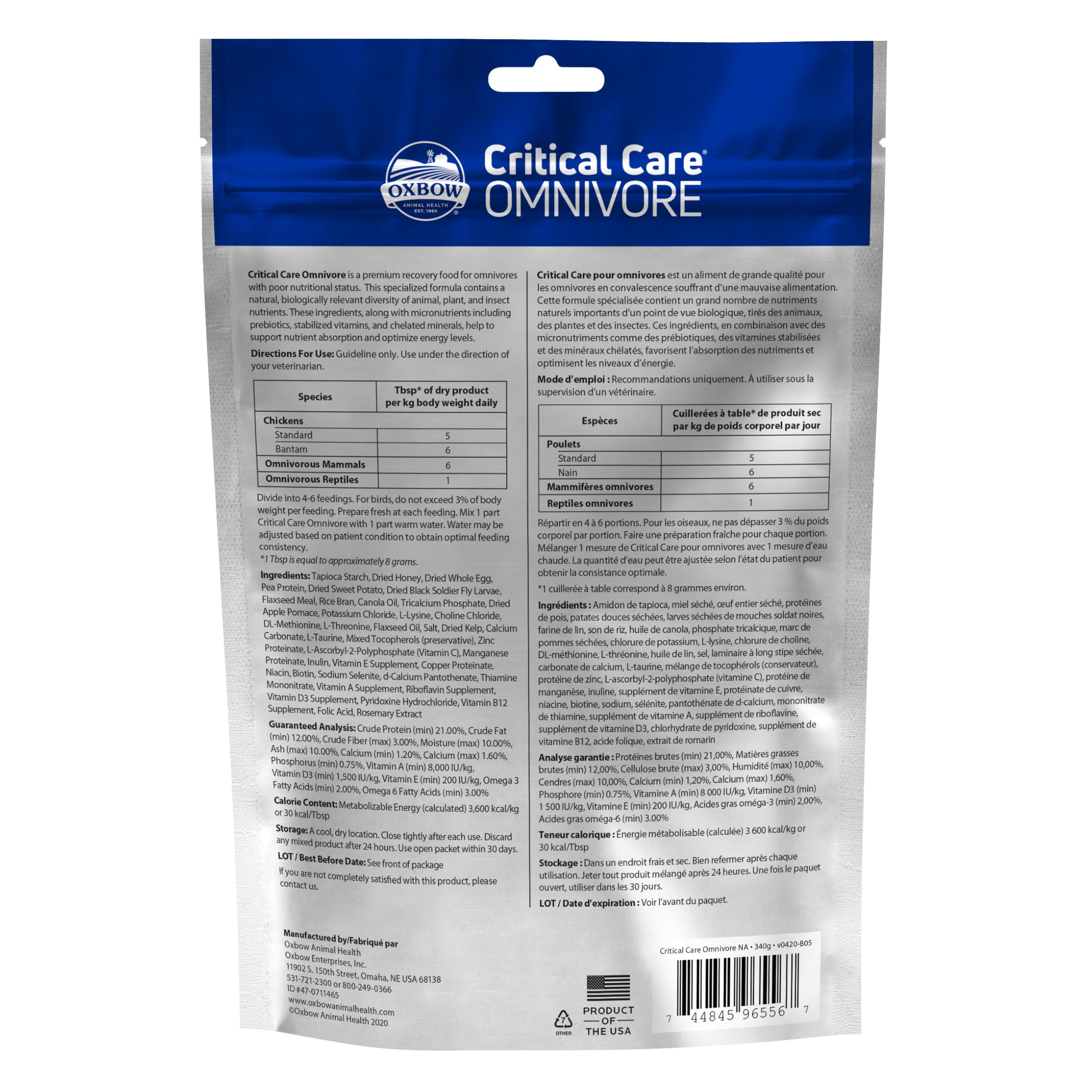 Oxbow Critical Care Omnivore, Recovery Food for Rats, Mice, Hamsters, Gerbils, Vet Formulated, High Calorie Small Animal Diet, Immune and Digestive Support, Omnivore Formula, 340g Bag