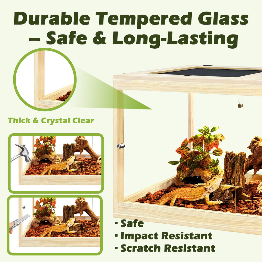 PROLEE Reptile Tank, 65 Gallon Beard Dragon Tank, Tempered Glass Reptile Encloure and Snake Tank with Locking Design for Lizard,Gecko,Chameleon (40"X19.5"X19.5",Black)