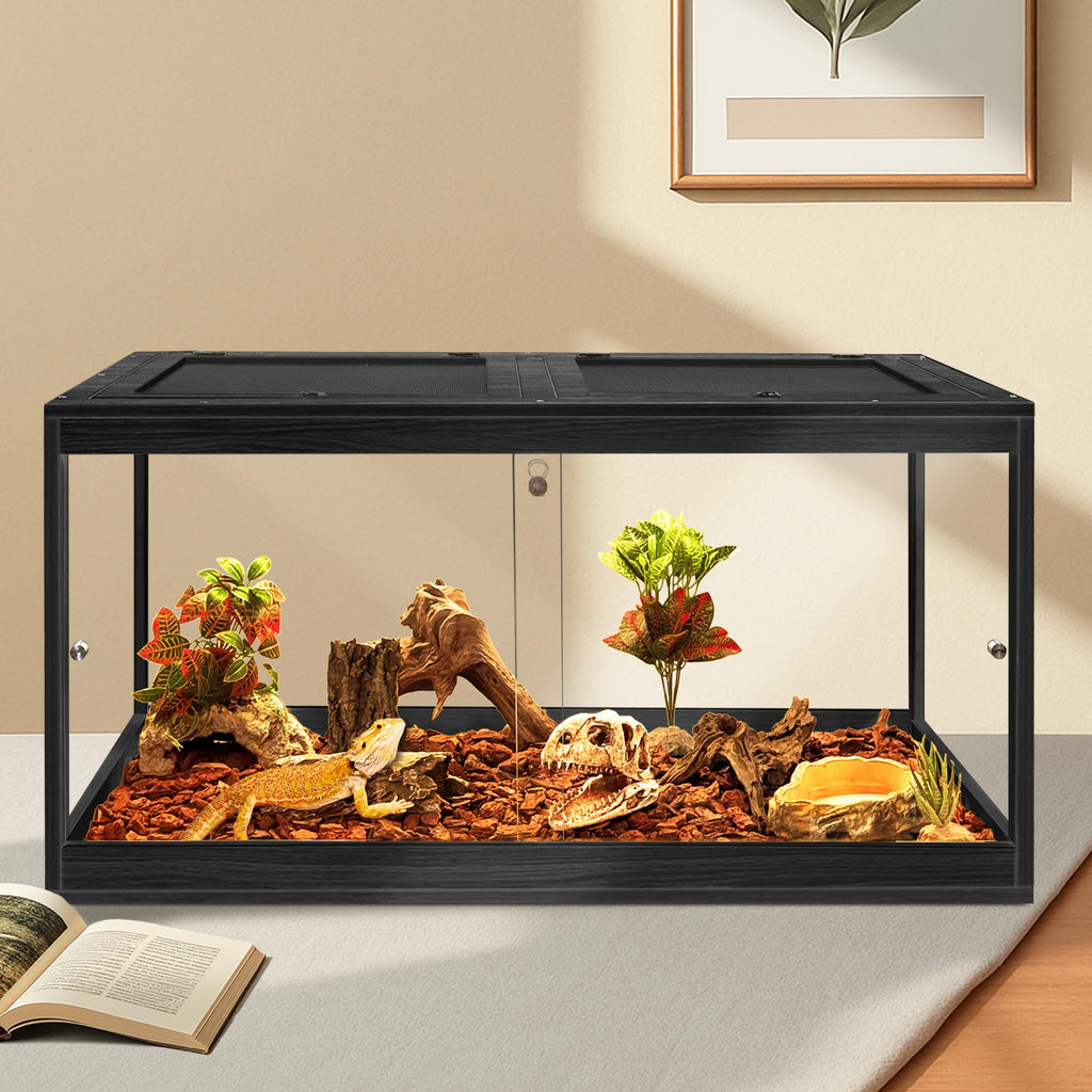 PROLEE Reptile Tank, 65 Gallon Beard Dragon Tank, Tempered Glass Reptile Encloure and Snake Tank with Locking Design for Lizard,Gecko,Chameleon (40"X19.5"X19.5",Black)
