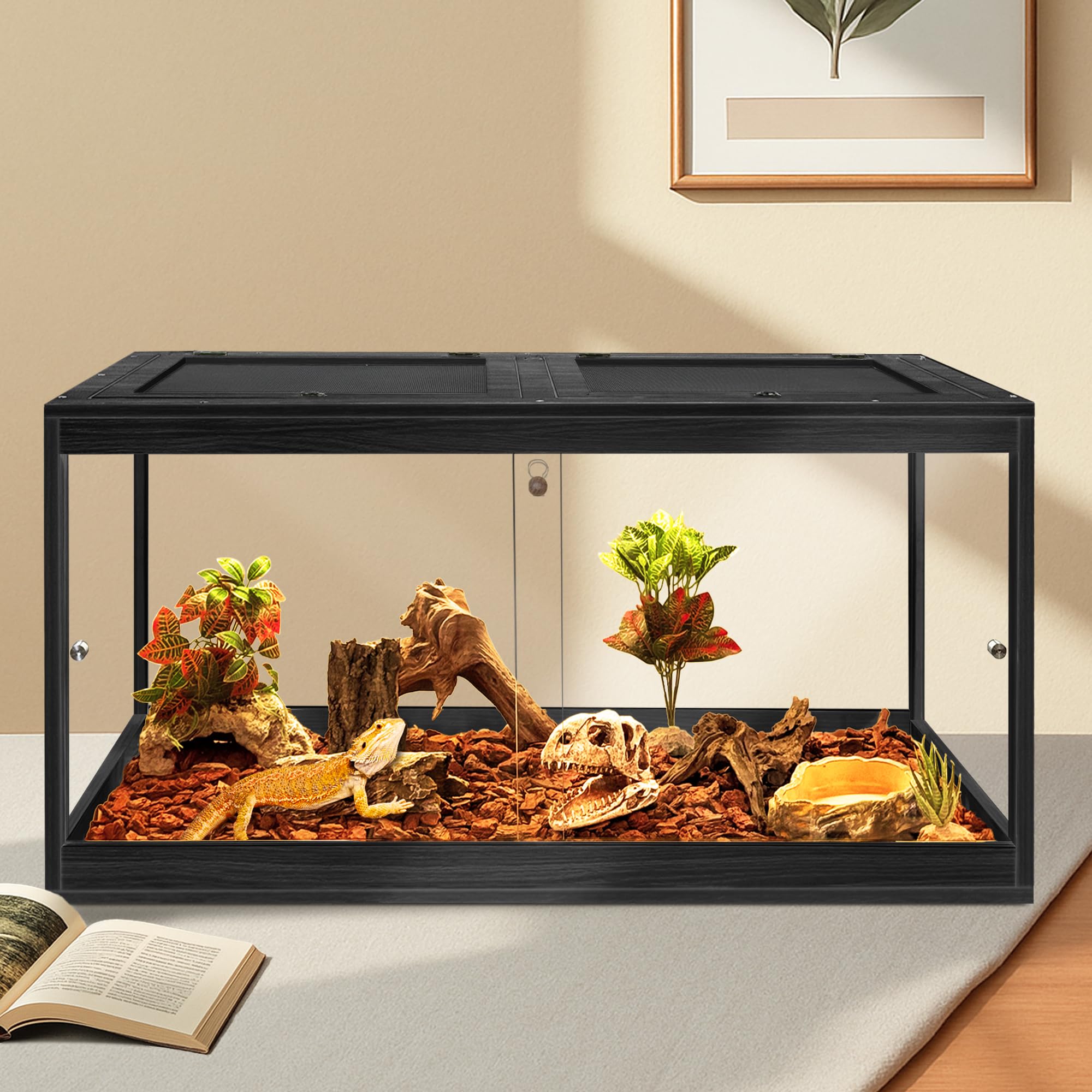 PROLEE Reptile Tank, 65 Gallon Beard Dragon Tank, Tempered Glass Reptile Encloure and Snake Tank with Locking Design for Lizard,Gecko,Chameleon (40"X19.5"X19.5",Black)