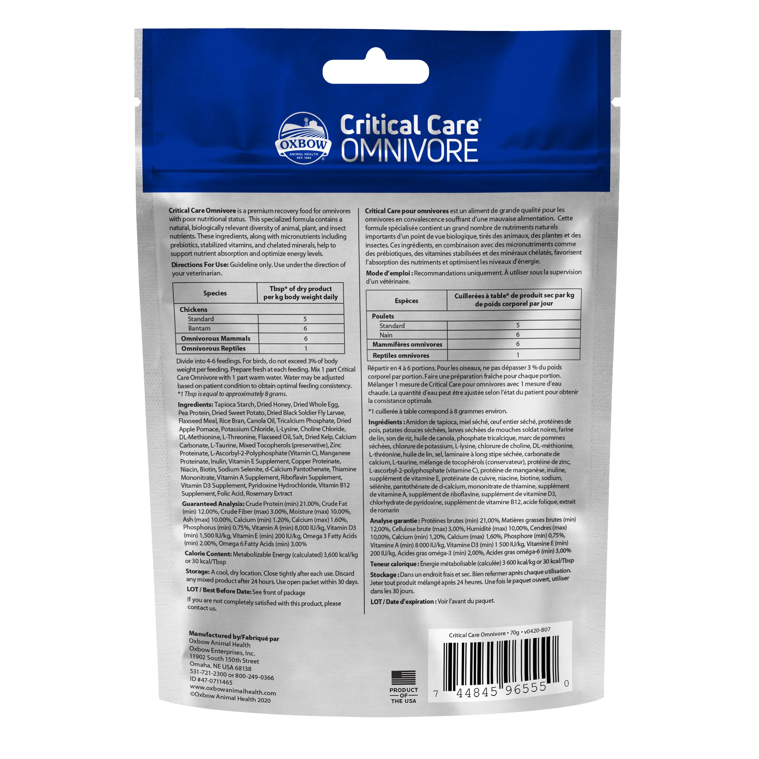 Oxbow Critical Care Omnivore, Recovery Food for Rats, Mice, Hamsters, Gerbils, Vet Formulated, High Calorie Small Animal Diet, Immune and Digestive Support, Omnivore Formula, 340g Bag