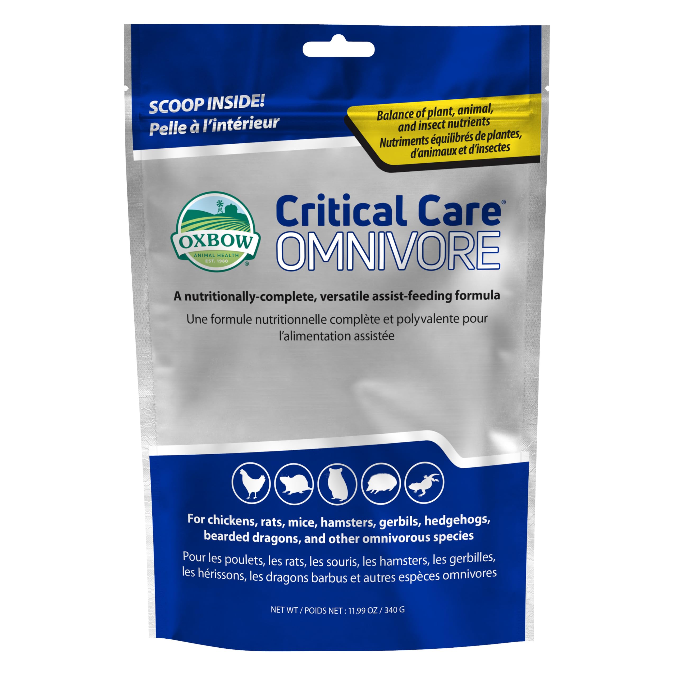 Oxbow Critical Care Omnivore, Recovery Food for Rats, Mice, Hamsters, Gerbils, Vet Formulated, High Calorie Small Animal Diet, Immune and Digestive Support, Omnivore Formula, 340g Bag