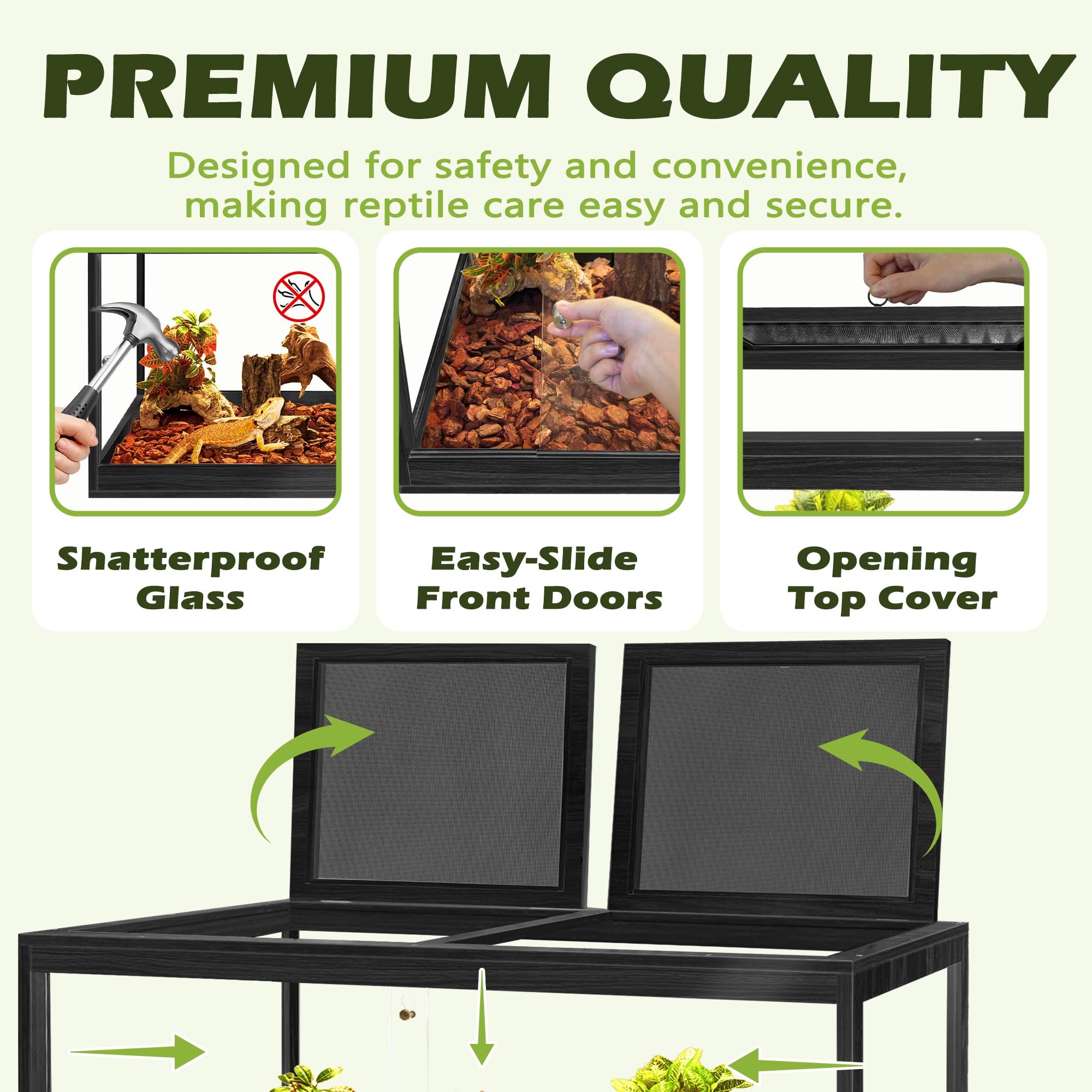 PROLEE Reptile Tank, 65 Gallon Beard Dragon Tank, Tempered Glass Reptile Encloure and Snake Tank with Locking Design for Lizard,Gecko,Chameleon (40"X19.5"X19.5",Black)