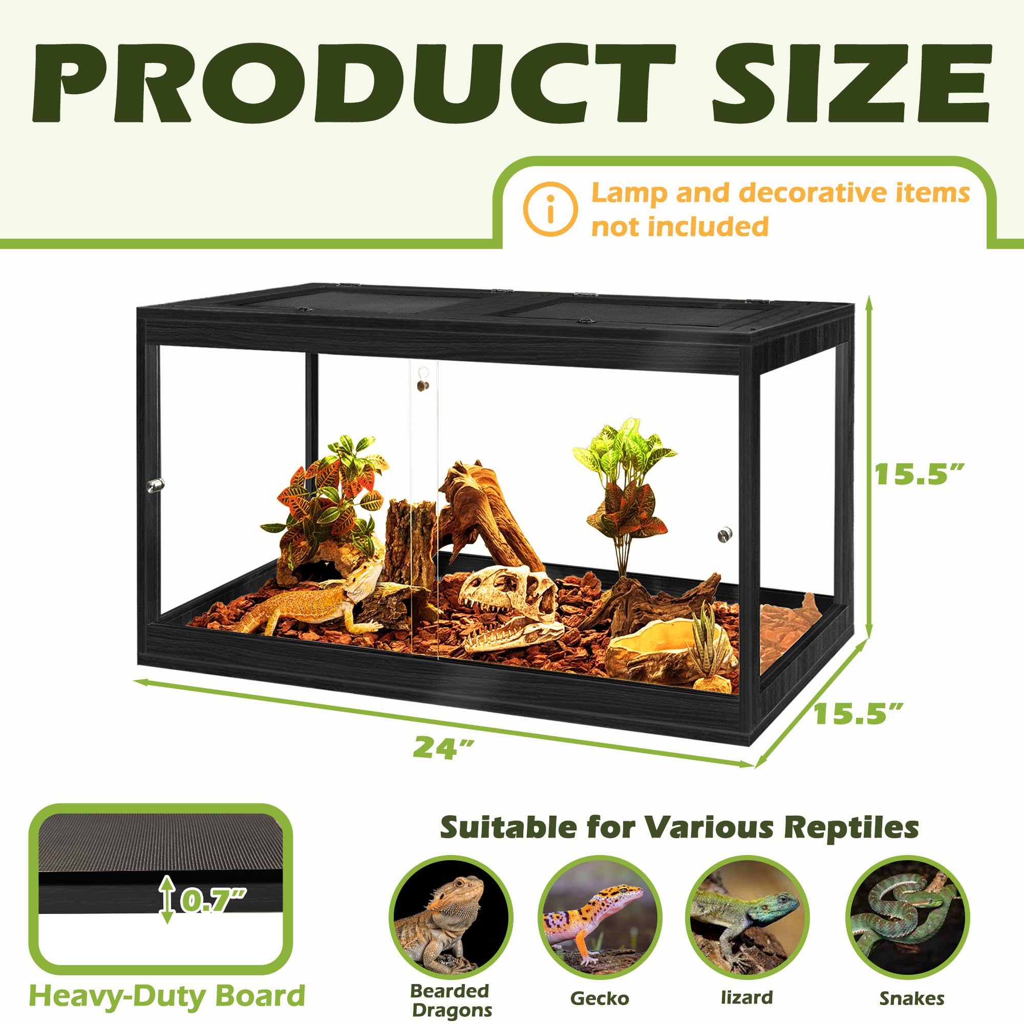 PROLEE Reptile Tank, 65 Gallon Beard Dragon Tank, Tempered Glass Reptile Encloure and Snake Tank with Locking Design for Lizard,Gecko,Chameleon (40"X19.5"X19.5",Black)