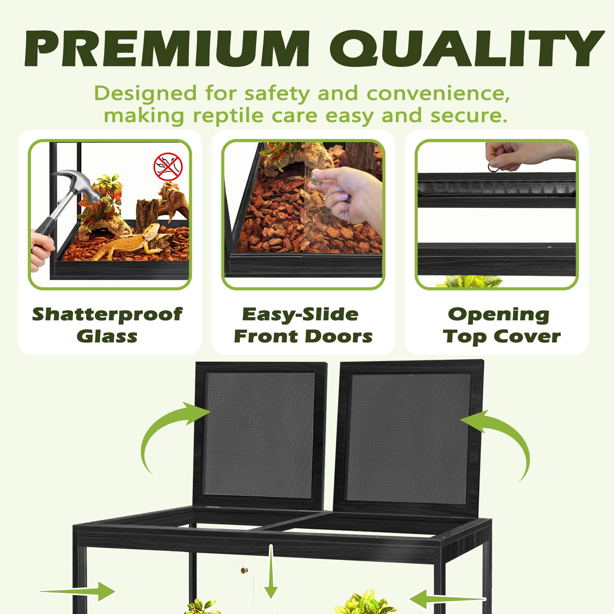 PROLEE Reptile Tank, 65 Gallon Beard Dragon Tank, Tempered Glass Reptile Encloure and Snake Tank with Locking Design for Lizard,Gecko,Chameleon (40"X19.5"X19.5",Black)
