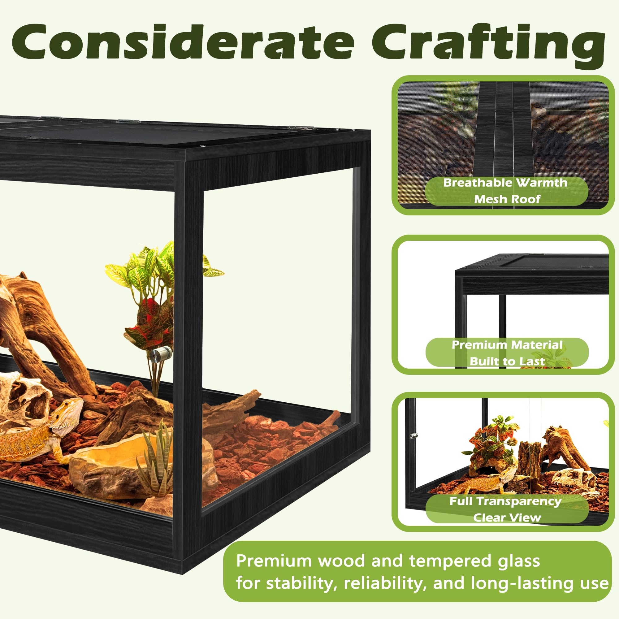 PROLEE Reptile Tank, 65 Gallon Beard Dragon Tank, Tempered Glass Reptile Encloure and Snake Tank with Locking Design for Lizard,Gecko,Chameleon (40"X19.5"X19.5",Black)