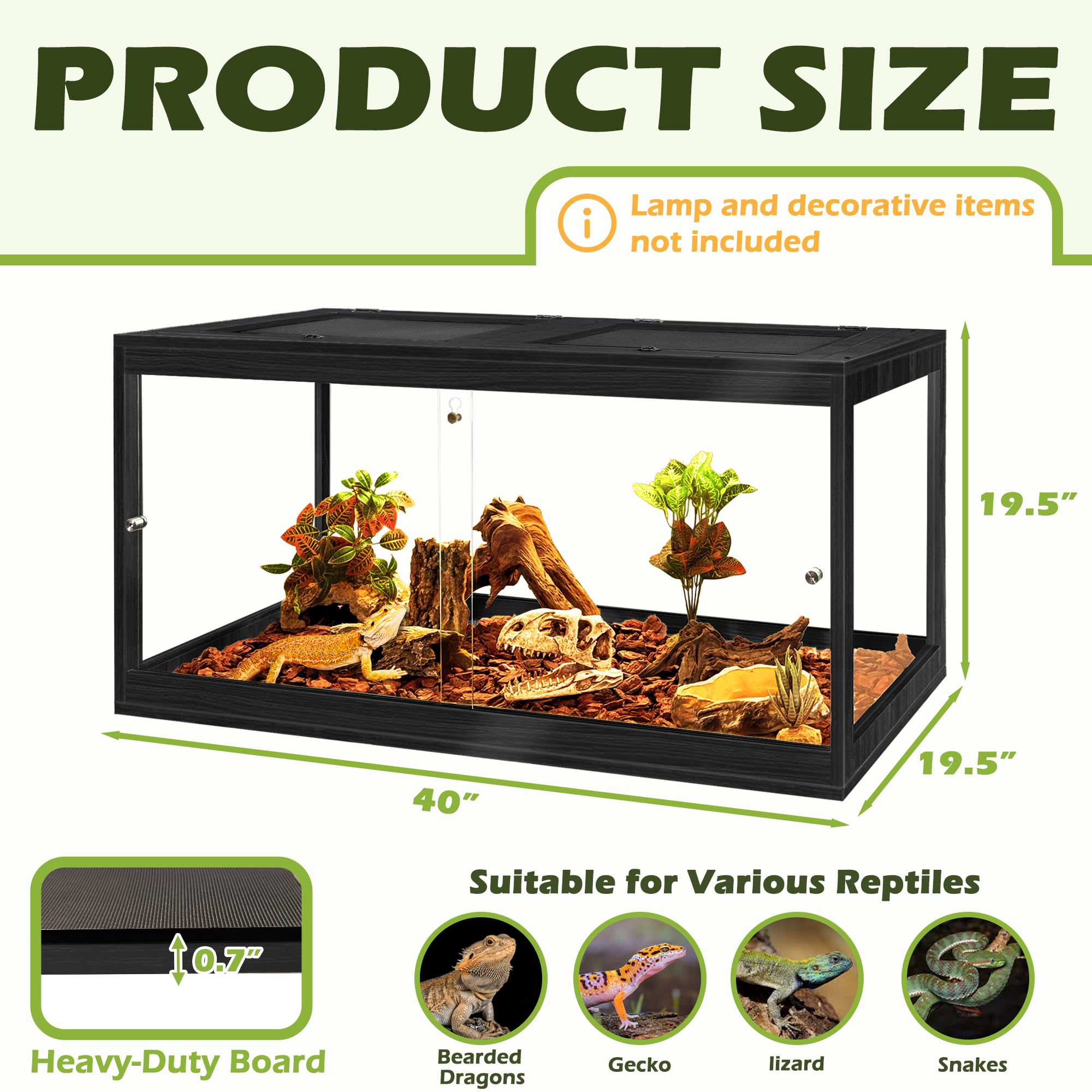 PROLEE Reptile Tank, 65 Gallon Beard Dragon Tank, Tempered Glass Reptile Encloure and Snake Tank with Locking Design for Lizard,Gecko,Chameleon (40"X19.5"X19.5",Black)