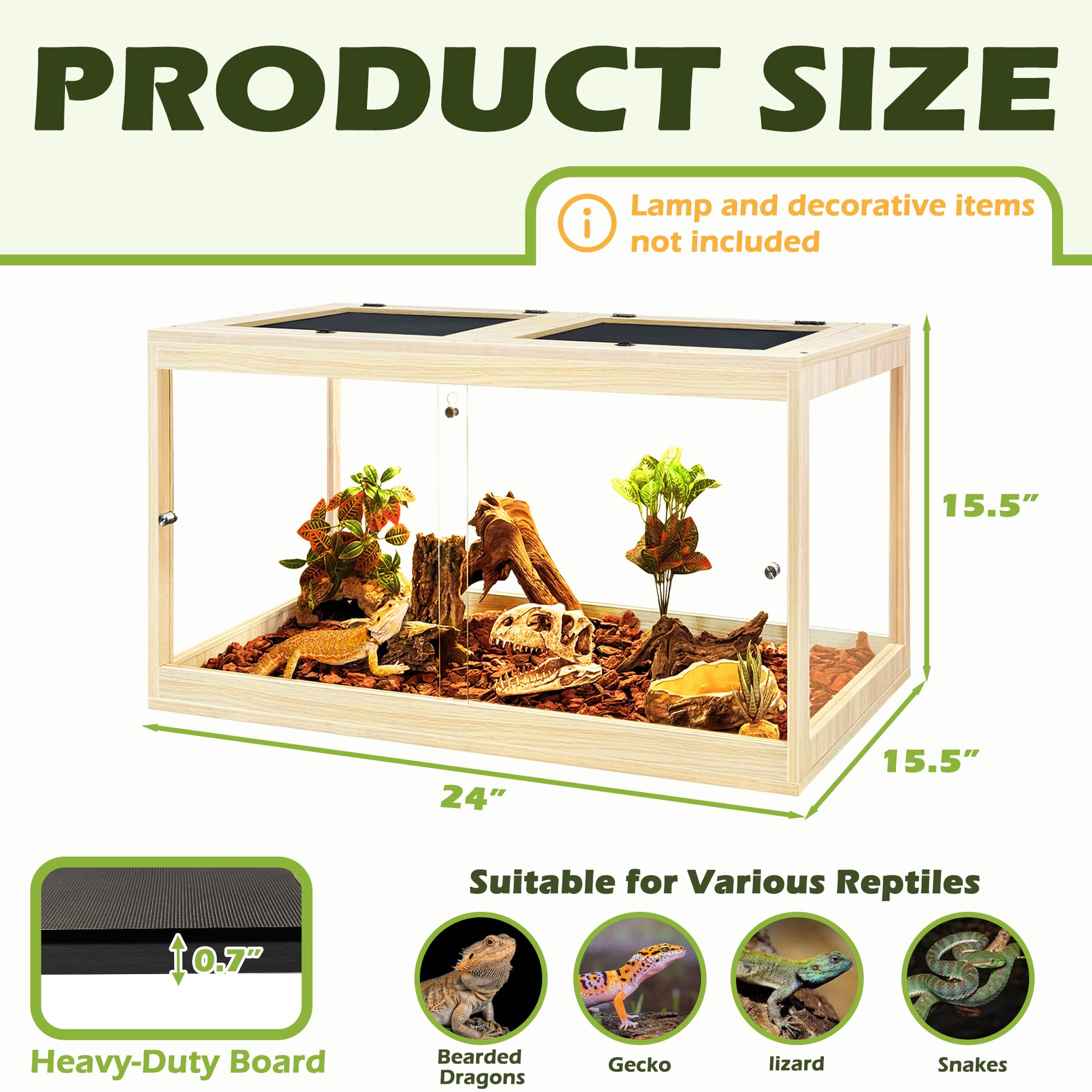 PROLEE Reptile Tank, 65 Gallon Beard Dragon Tank, Tempered Glass Reptile Encloure and Snake Tank with Locking Design for Lizard,Gecko,Chameleon (40"X19.5"X19.5",Black)